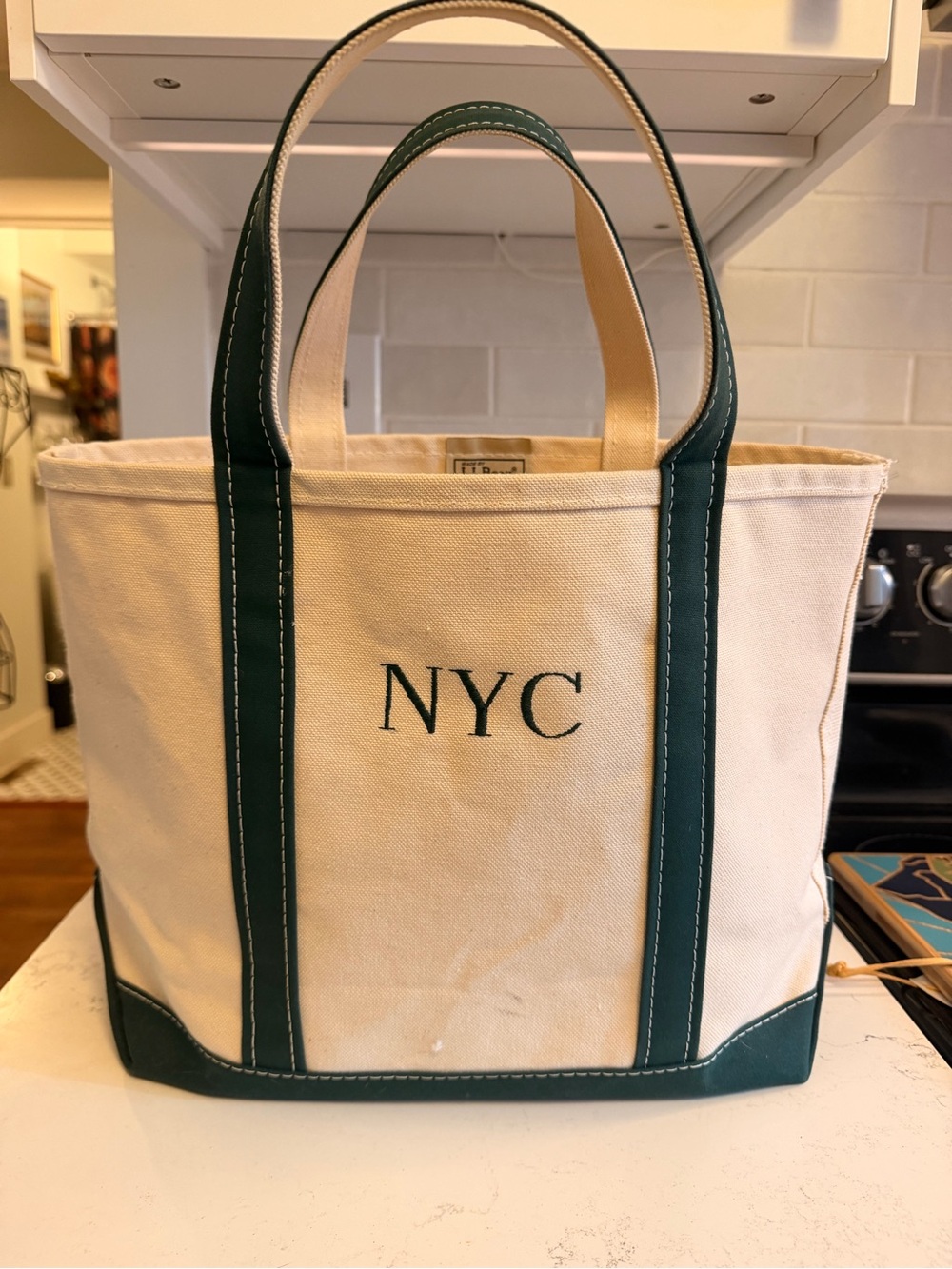 LL Bean Boat and Tote Canvas Tote Bag with Green Trim - NYC